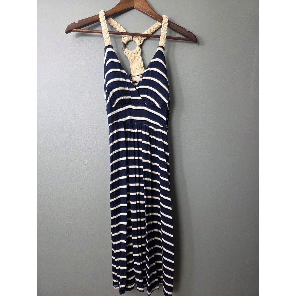 Navy Blue Striped Macrame T-Back Midi Dress by Pink Rose  Small PS38839R